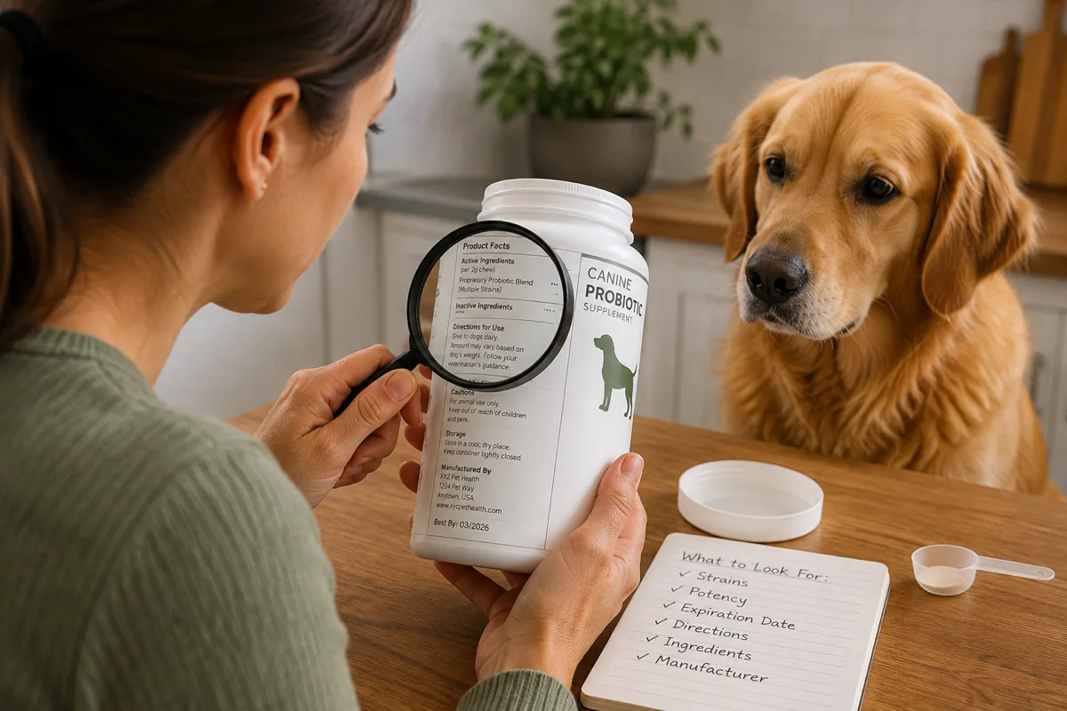 Dog owner examining a generic dog probiotic supplement label for key product details