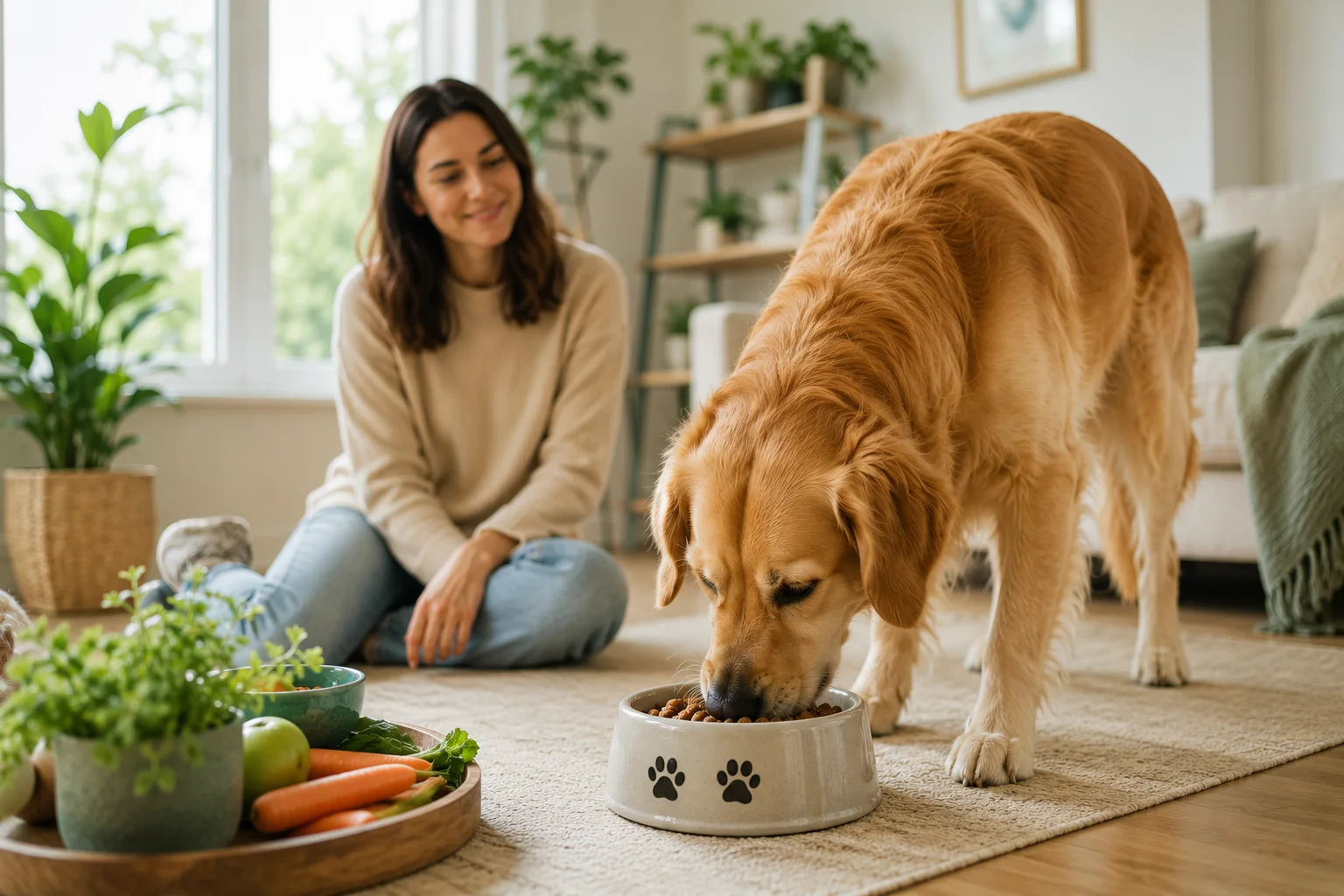 A dog eating from its bowl at home beside a tray of fresh vegetables