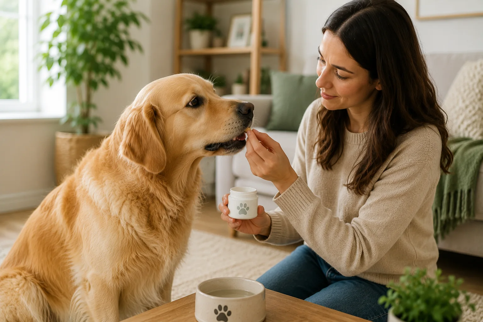 A woman offering her golden retriever a probiotic soft chew at home