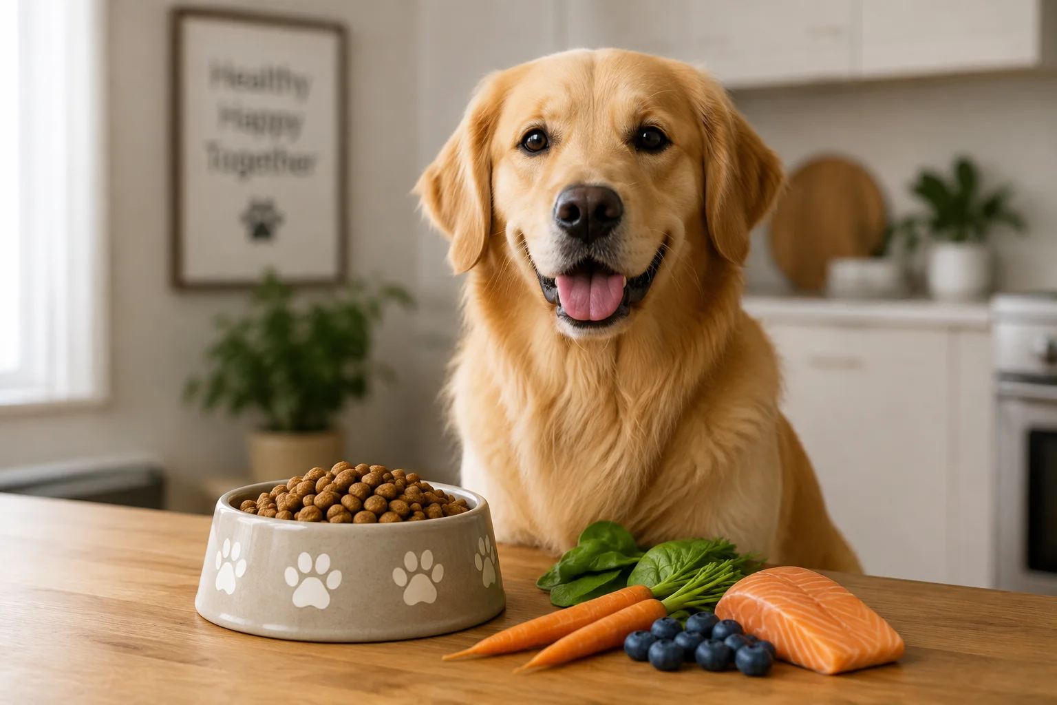 A happy golden retriever beside a bowl of kibble and fresh whole foods including salmon, carrots and blueberries