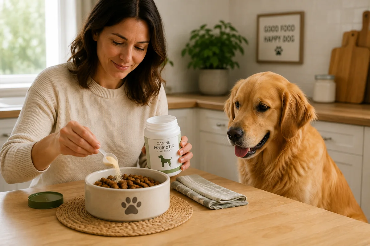 Dog owner adding a generic probiotic supplement to a dog's food during a gradual introduction
