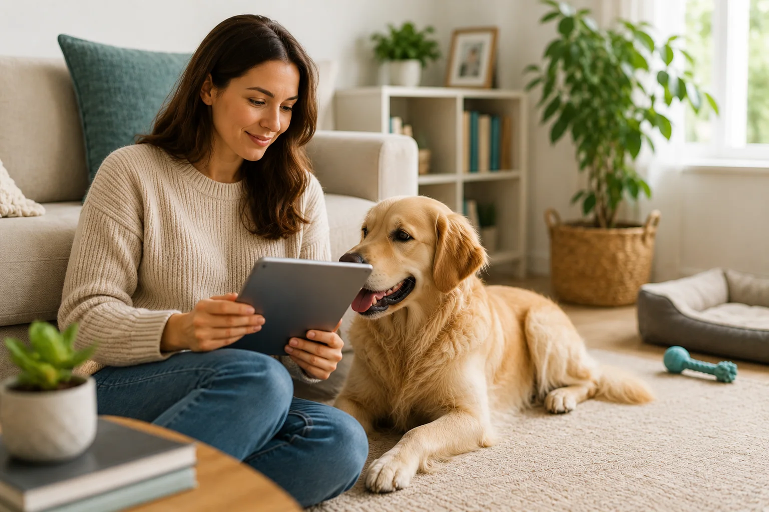 A woman reading dog-health information on a tablet while her golden retriever rests beside her
