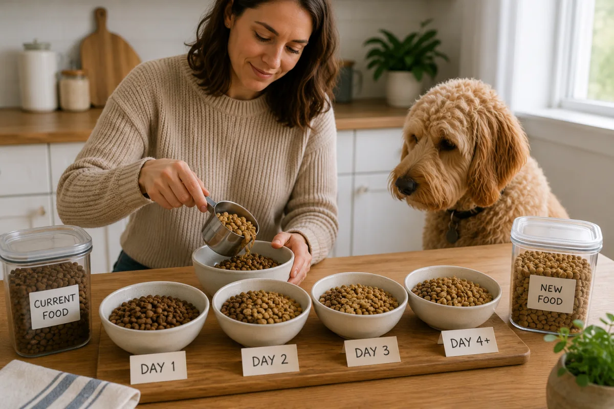 Dog owner gradually transitioning her dog from current food to new food with measured portions