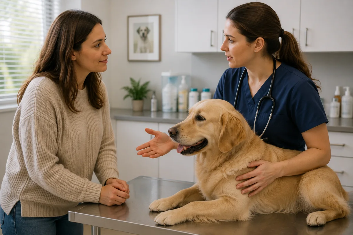 Veterinarian discussing a dog's sensitive stomach with the owner during a clinic examination