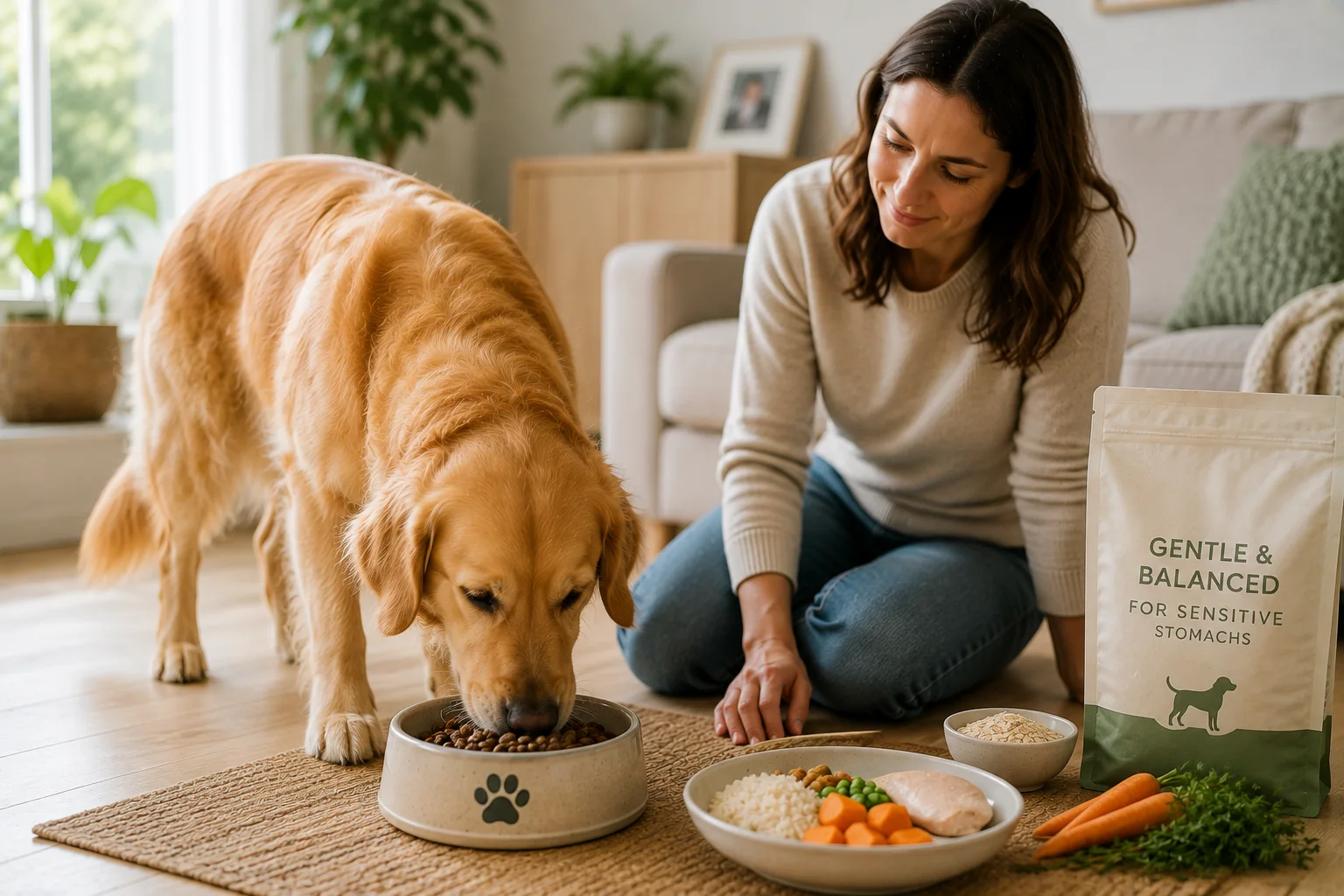 A dog eating from its bowl beside a sensitive-stomach food pack and a plate of chicken, rice and vegetables
