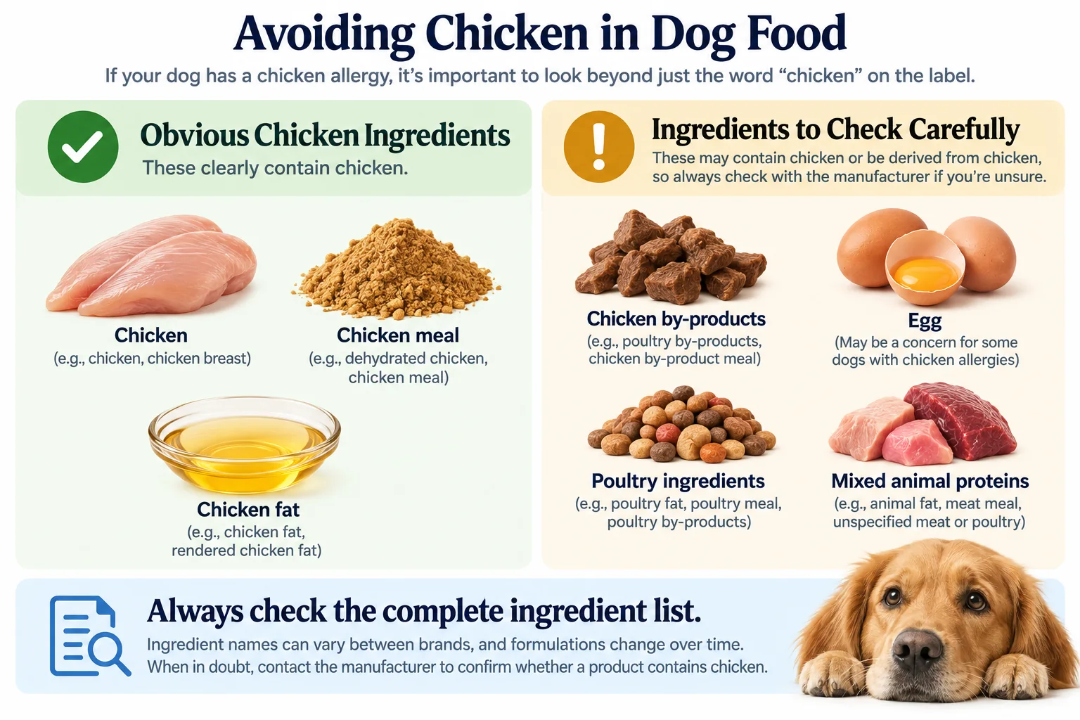 Dog food ingredient labels showing common ingredients to check when avoiding chicken