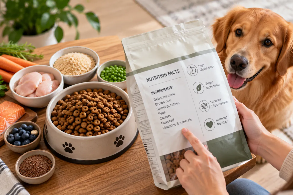 Dog owner examining a dog food ingredient label beside kibble and ingredients