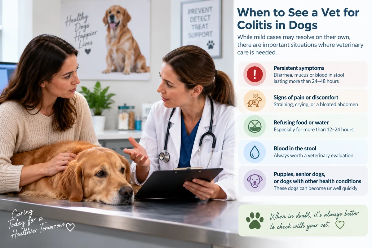 Dog owner discussing colitis symptoms with a veterinarian