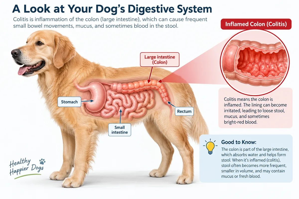 Illustration of a dog's digestive system highlighting the colon affected by colitis