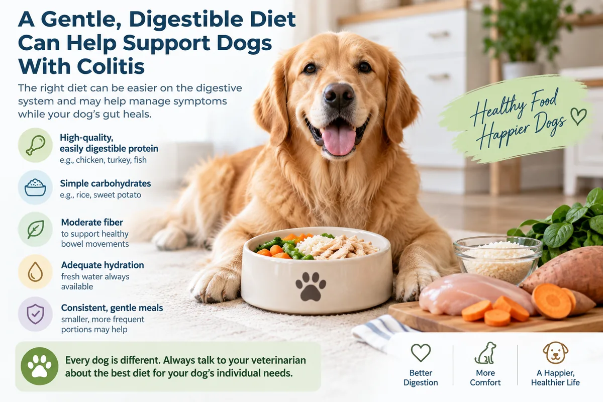 Dog beside a simple digestible meal while discussing diet for dogs with colitis