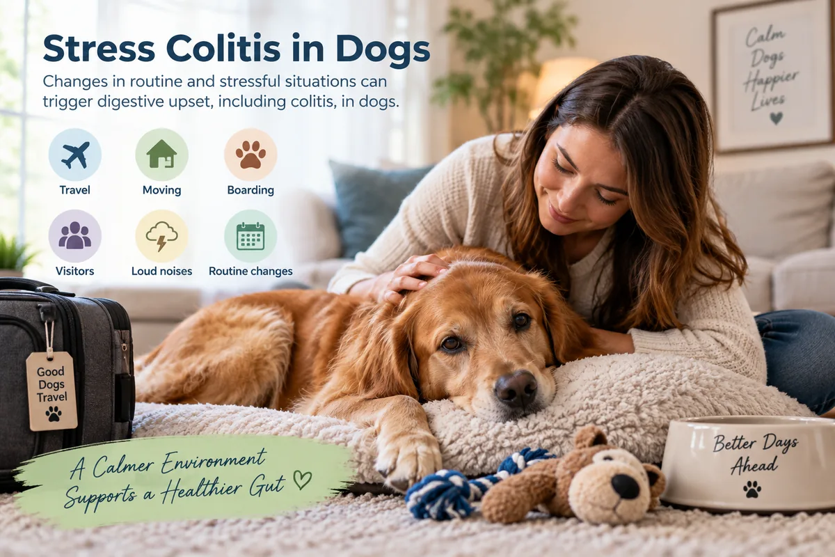 Dog relaxing with owner during discussion of stress colitis in dogs