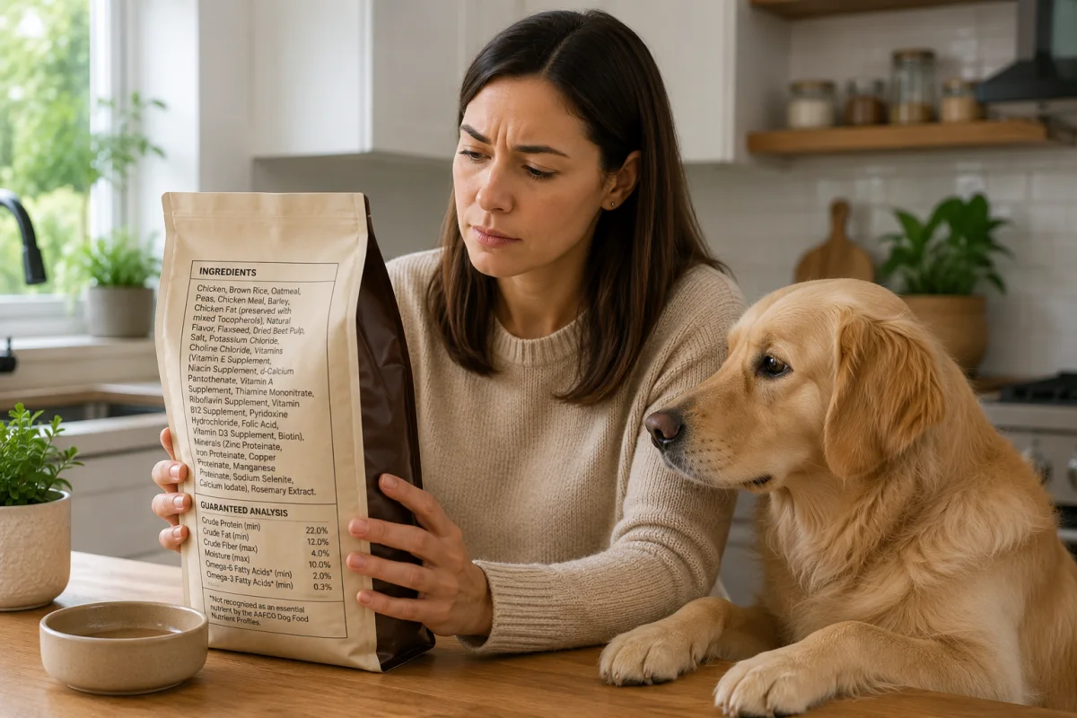 Simple, digestible dog-food ingredients laid out on a kitchen counter — a single named protein, rice and plain vegetables