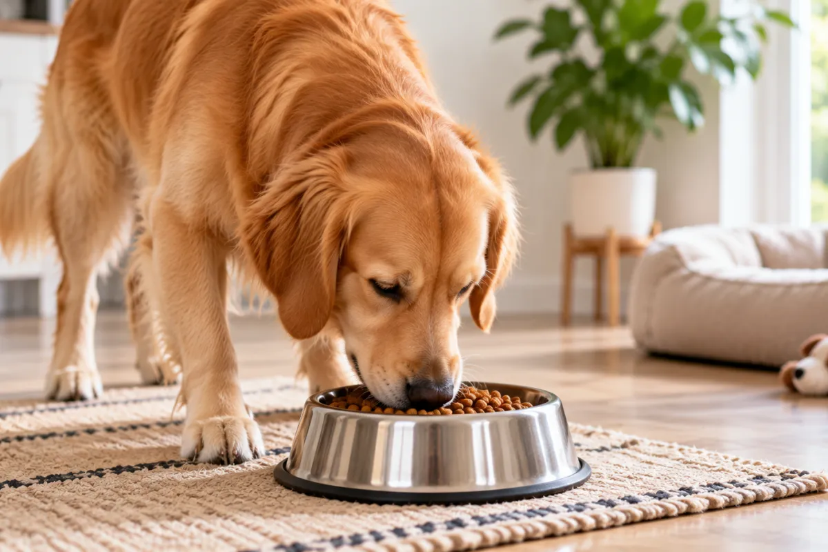 Dog eating kibble from a food bowl at home