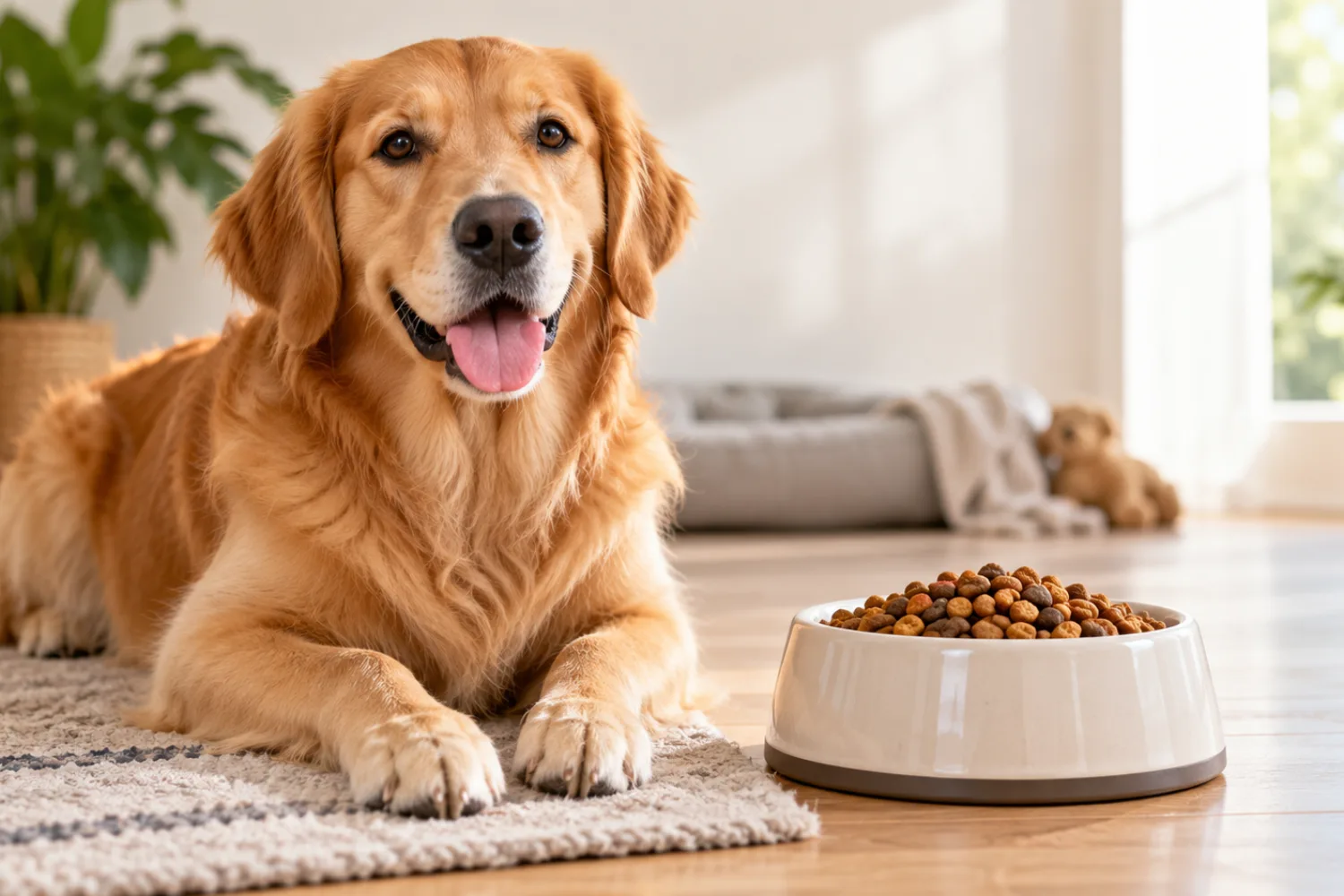 Healthy dog beside a bowl of dog food in a cozy home