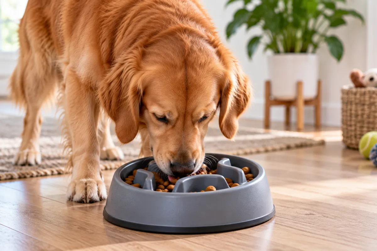 Dog eating kibble from a slow-feeder bowl