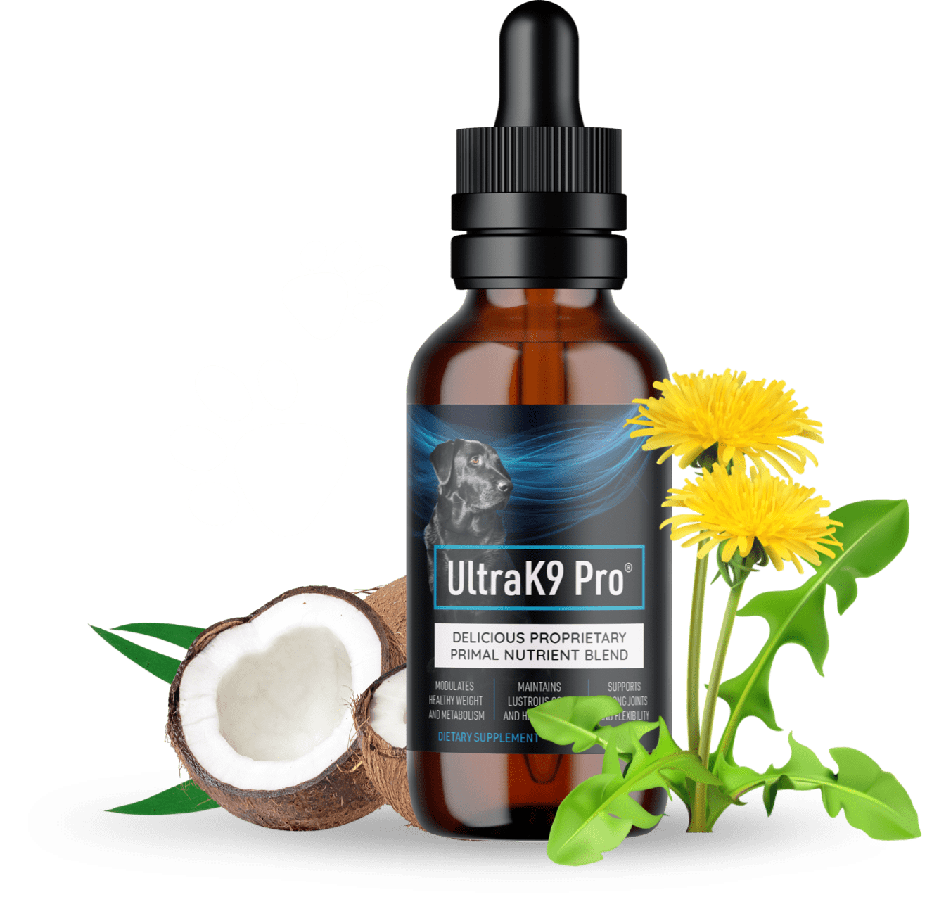 UltraK9 Pro liquid dog supplement bottle with botanical ingredients