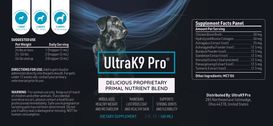 UltraK9 Pro Supplement Facts label showing ingredients and serving directions