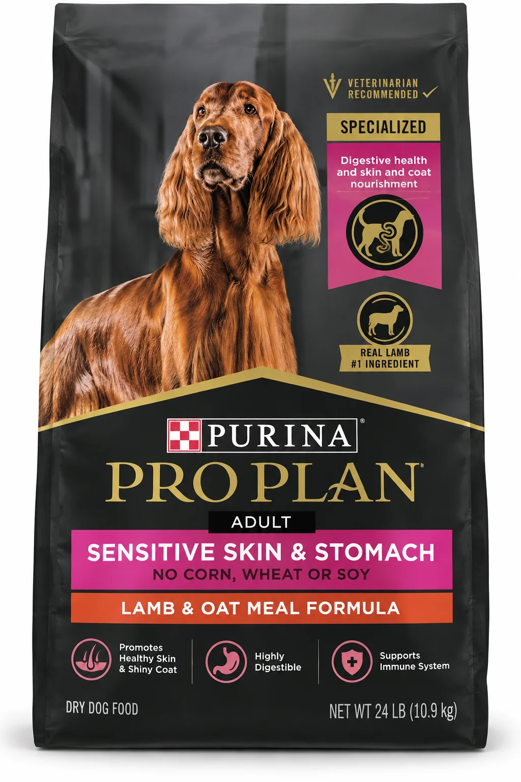 Purina Pro Plan Sensitive Skin and Stomach Lamb and Oat Meal dog food bag