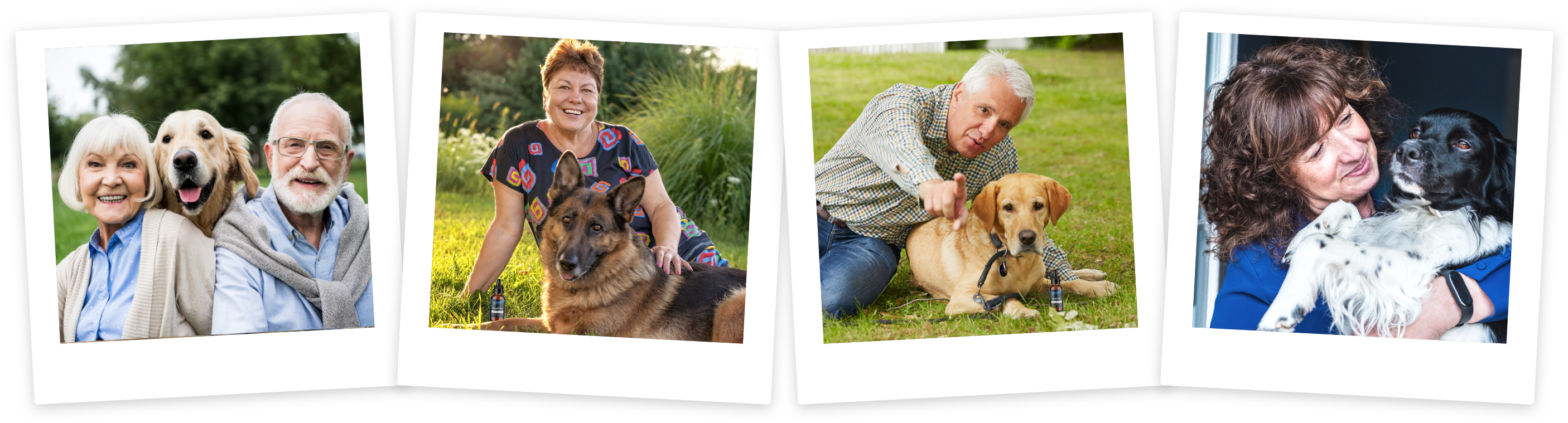 Four UltraK9 Pro dog owners posing with their dogs, from the manufacturer's testimonial section