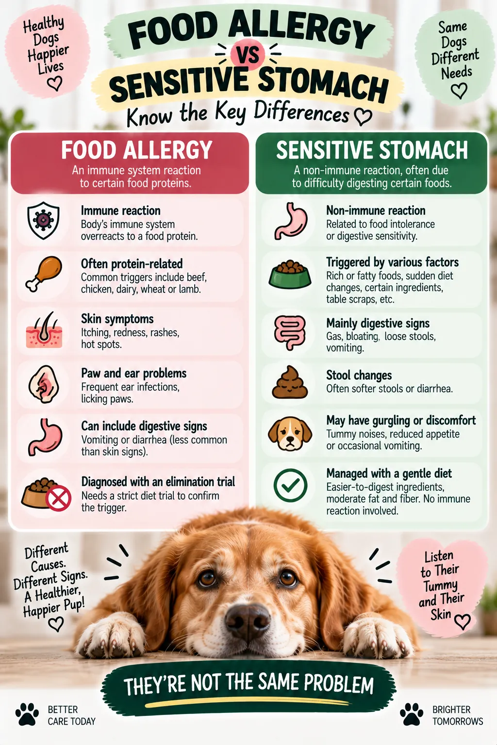 Comparison infographic: dog food allergy vs sensitive stomach
