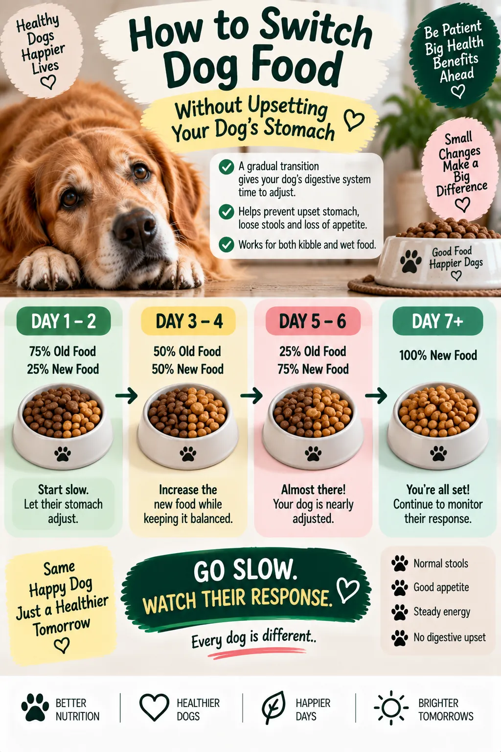 Timeline infographic: how to switch dog food gradually without upset