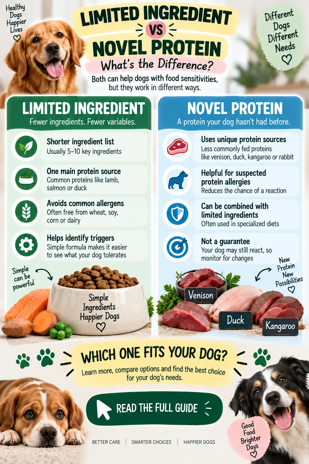 Comparison infographic: limited ingredient vs novel protein dog food