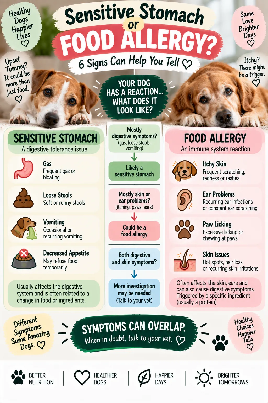 Decision infographic: sensitive stomach or food allergy, 6 signs to tell